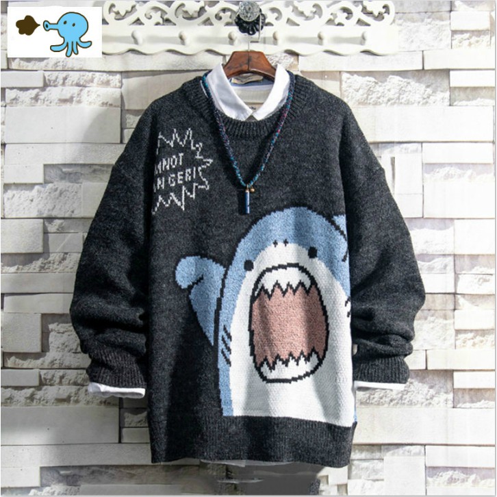 Áo Len Nữ Cartoon Shark Round Neck Loose Korean Knit Ins Couple Sweater Men ...