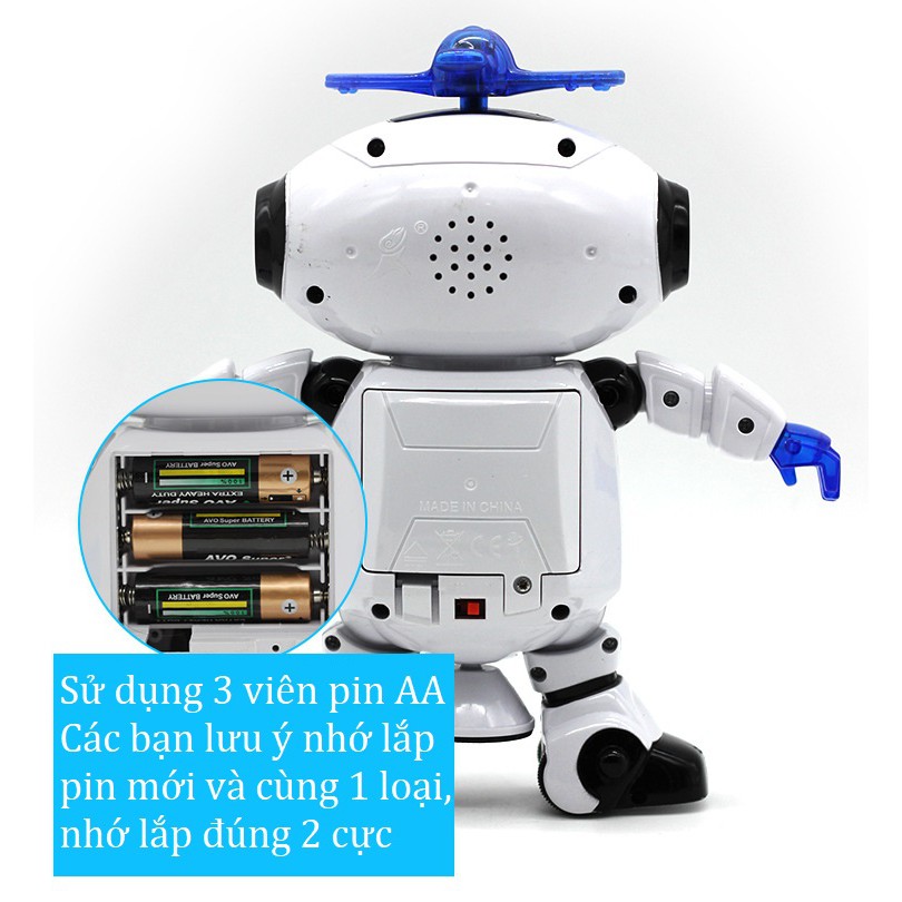 Đồ chơi Robot trắng xanh nhảy múa xoay 360 độ có đèn và nhạc