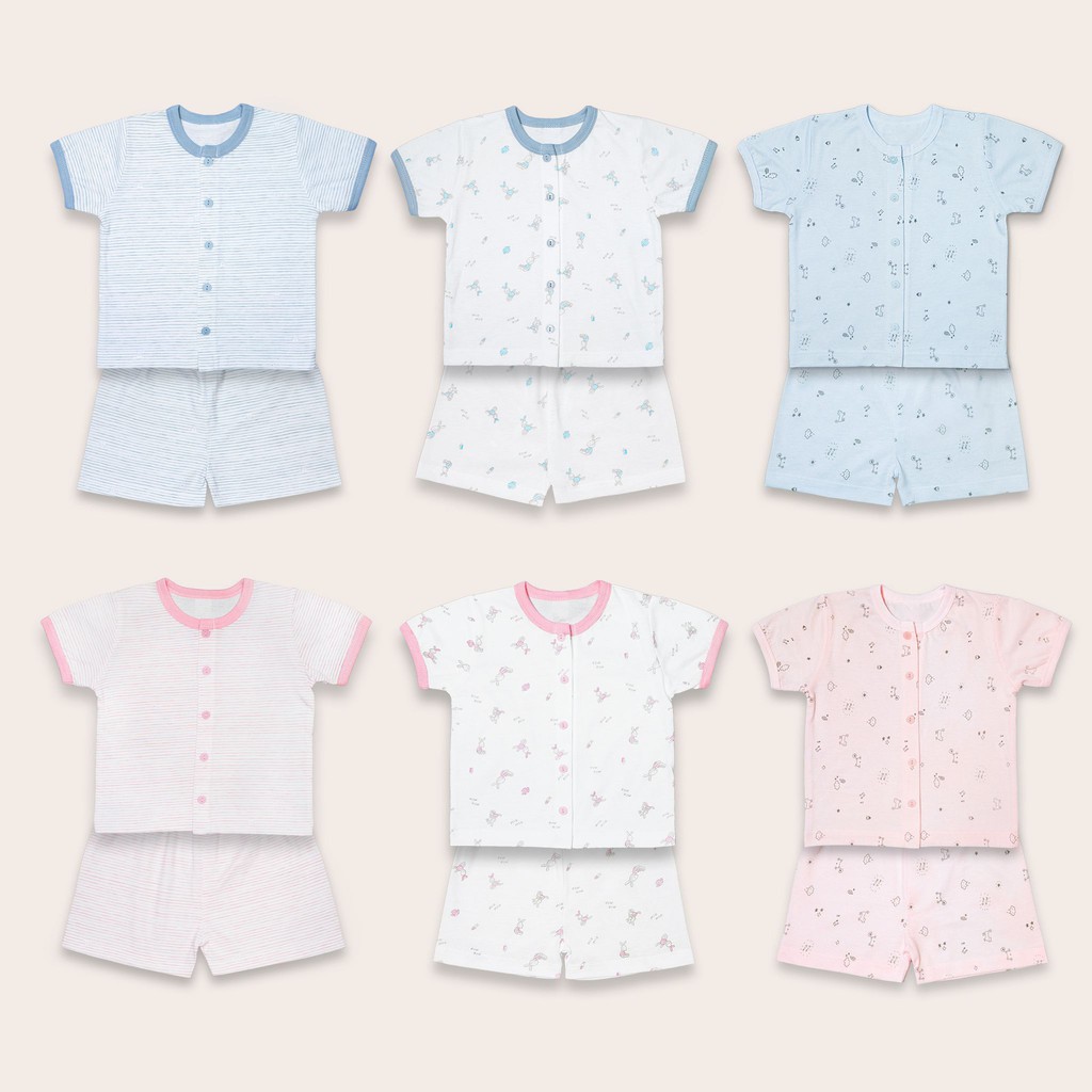Bộ Sơ Sinh Cộc Tay Nút Giữa MIOMIO, HọaTiết: Thỏ, Sọc, Mèo Mây, Xe Nôi Cho Bé Trai Bé Gái  Vải Cotton