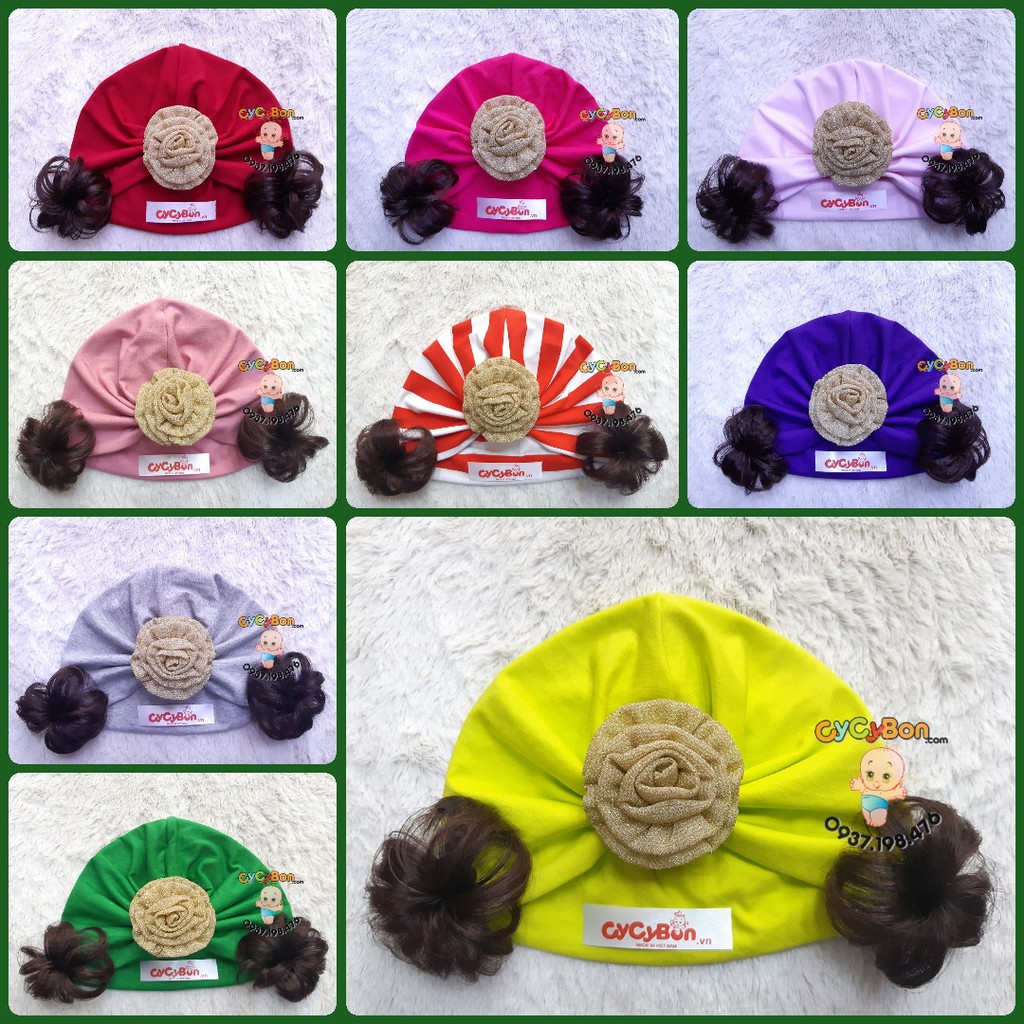 Mũ Nón Turban Cho Bé Thun Cotton Đính Bông Hồng Cuốn Vàng Kim Tuyến Kèm Tóc Giả - Có Đủ Size Từ Sơ Sinh !