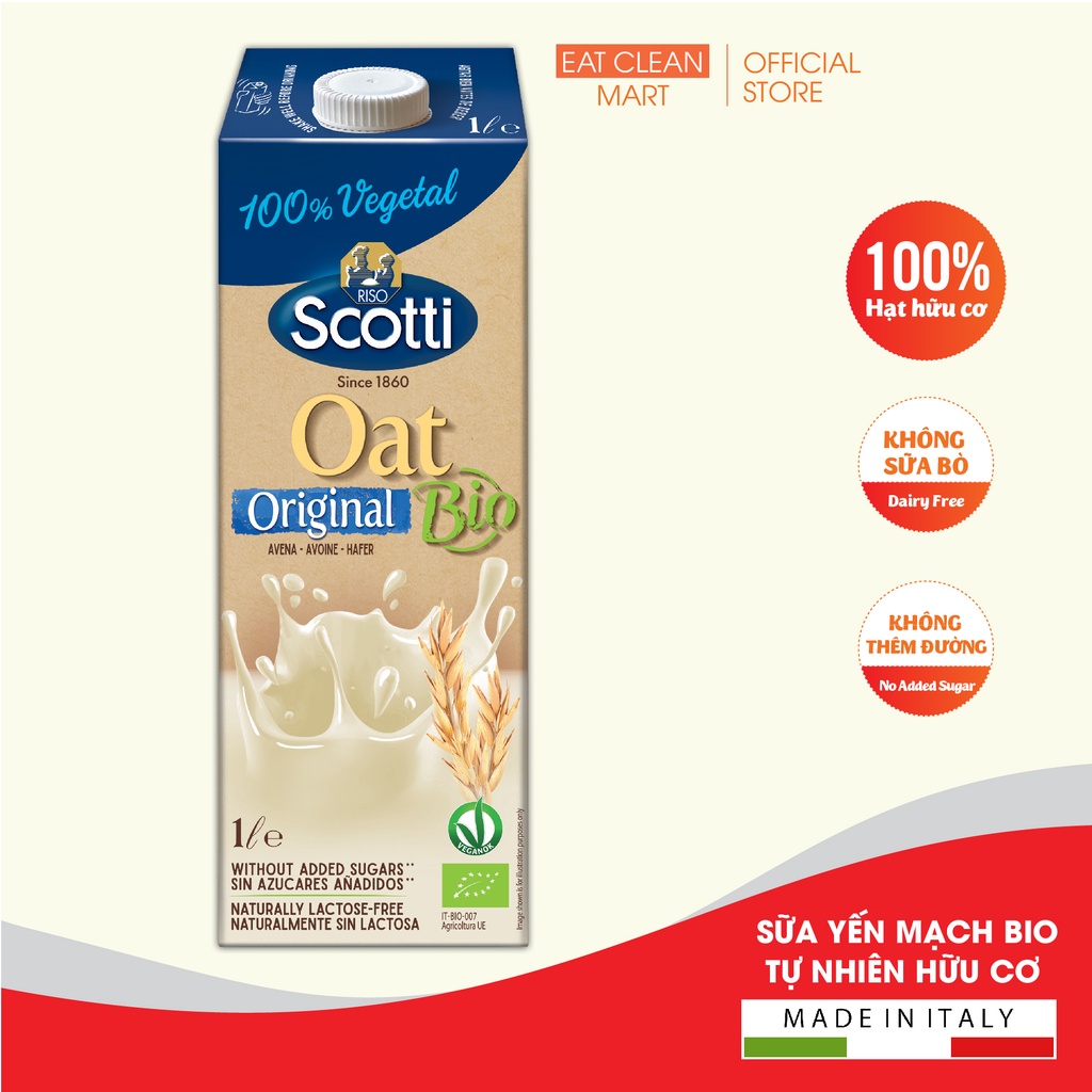 Sữa Yến Mạch Hữu Cơ Tự Nhiên Bio Riso Scotti - BIO Original Oat Drink - Hộp 1L