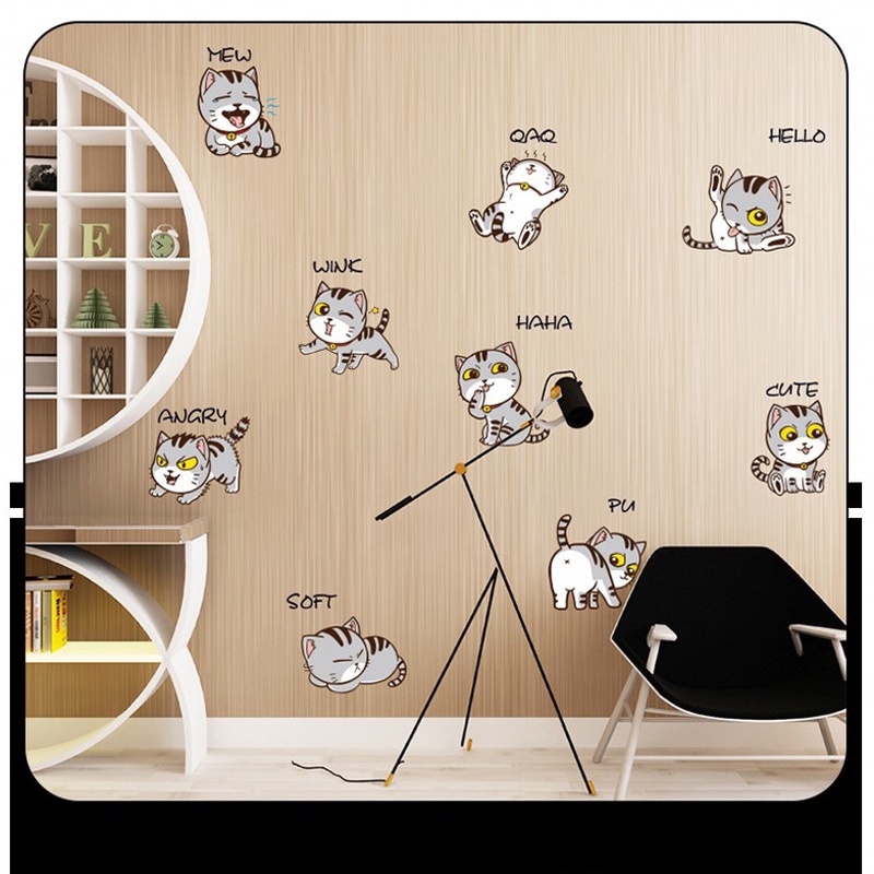 Sticker dán tường PVC chống nước hình mèo hoạt hình nhiều màu sắc trang trí phòng trẻ em