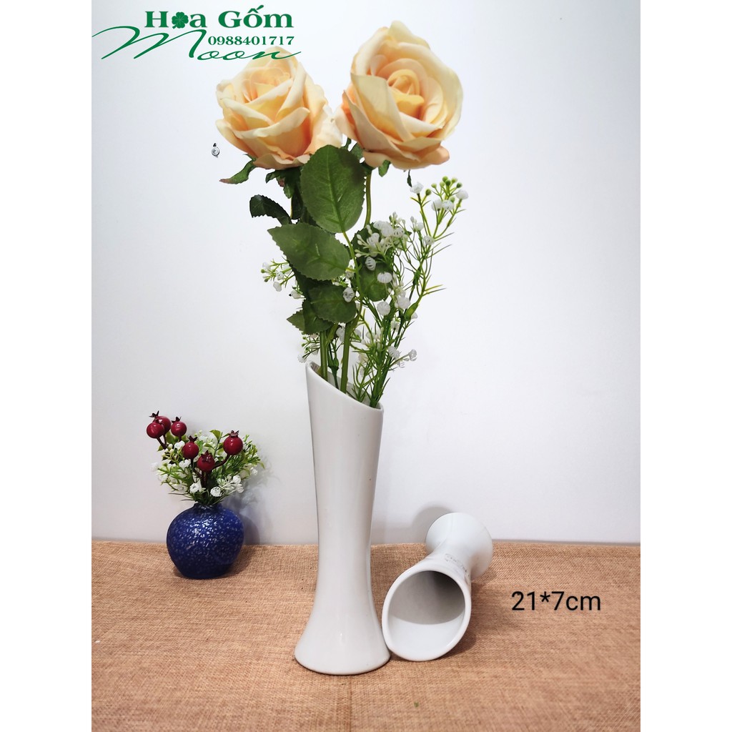 Lọ Hoa Gốm Sứ Miệng Xéo , Sứ Trắng Cao Cấp Cao 21 cm