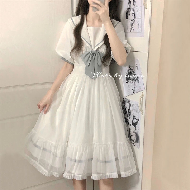 Váy nữ xinh xắn Đầm Chữ a Dài Ngang Gối Phối Lưới Cổ Thủy Thủ Thắt Nơ Mềm Mại Phong Cách Preppy Nhật Bản Ngọt Ngào Mùa Hè Cho Nữ váy babydoll