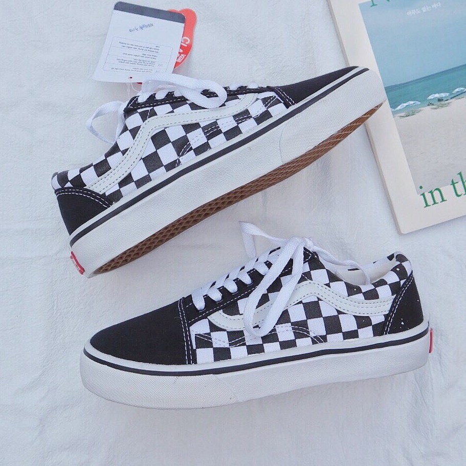 Giày V old skool caro vải cổ thấp, giày sneaker đi học đi chơi