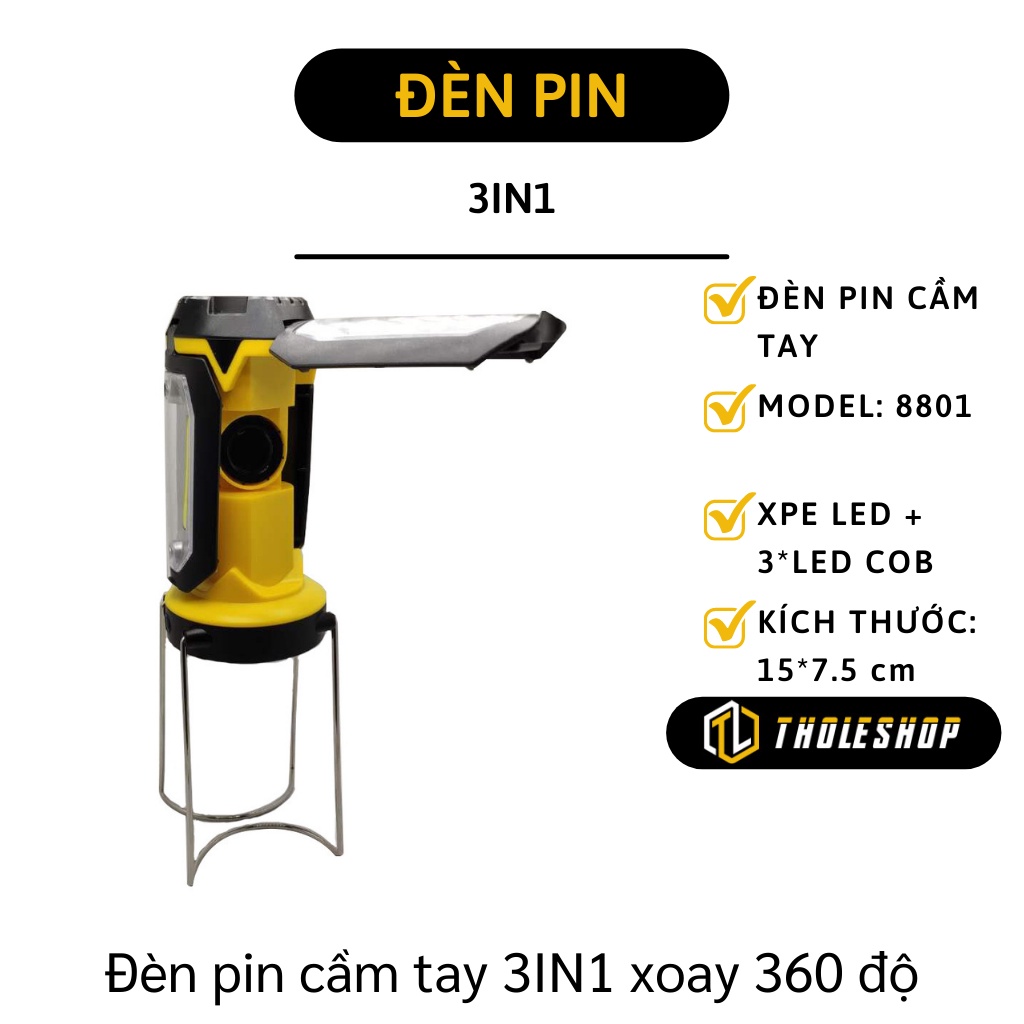 Đèn Pin - Đèn Pin Cầm Tay Đa Năng 3IN1, Xoay 360 Độ, Phù Hợp Cho Cắm Trại, Du Lịch 7425