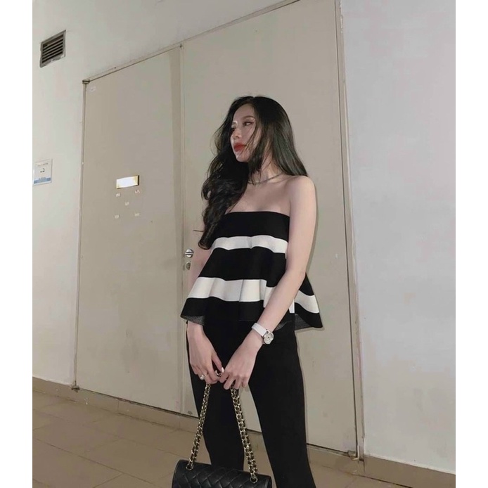 {Freeship} Set Bộ siêu hot Áo Cúp Ngực Xoè Sọc Trắng đen Quần Bo dài Chất Thun Dày tk