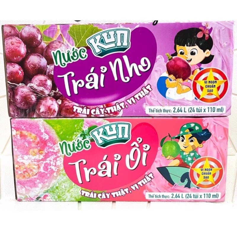 Thùng 24 túi nước trái cây Kun vị ổi/nho (24 túi x 110ml)