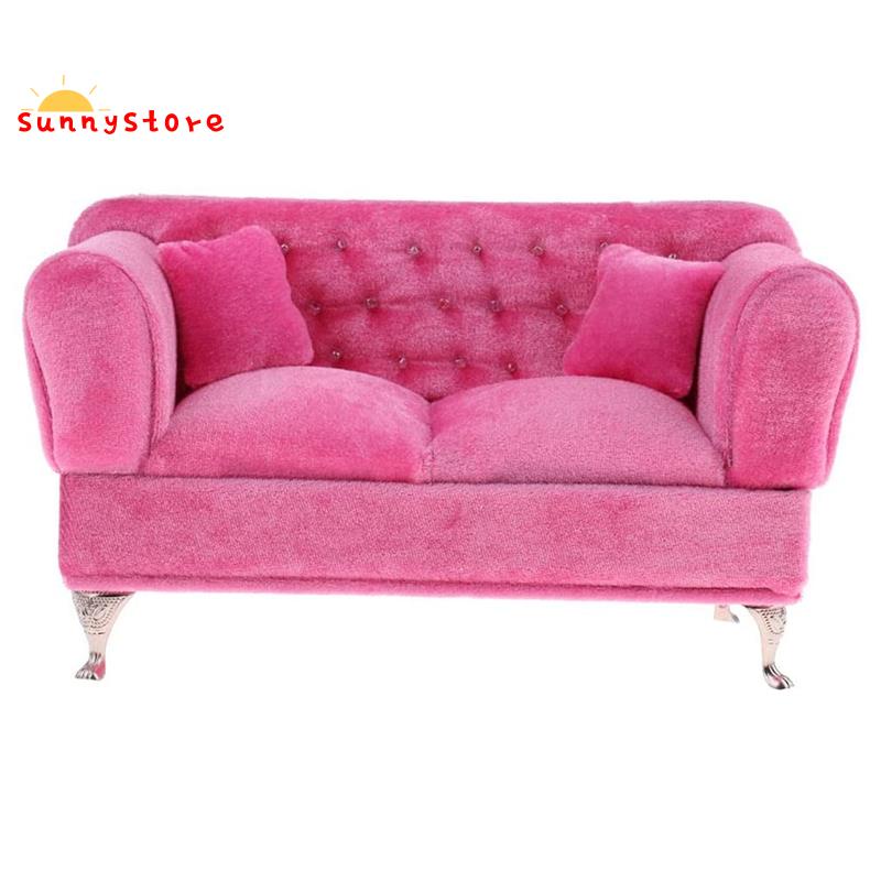 Ghế sofa mini màu hồng bằng da lộn tỉ lệ 1/6 trang trí nhà búp bê