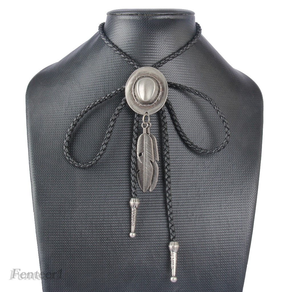[FENTEER1] Western Cowboy Rodeo Bolo Tie Hat and Feather Pendant Black PU Rope Necktie