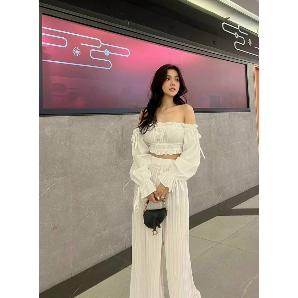 sét bộ ống rộng quần dập ly áo kiểu bệt vai