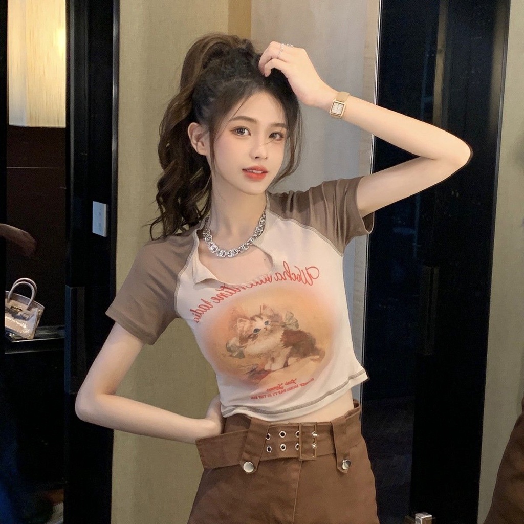 Áo croptop Tay Ngắn Cổ Chữ v Hoạ Tiết Chú Mèo Đáng Yêu