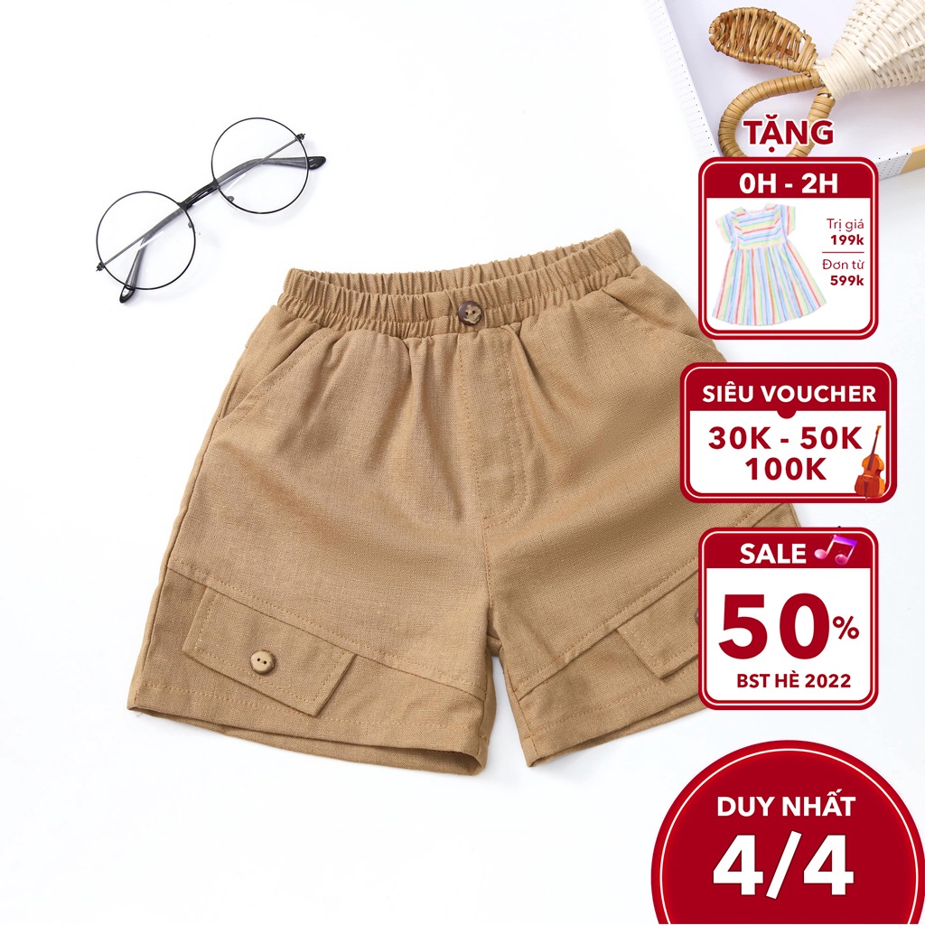 Quần short bé trai Ilaby hai túi nắp chất liệu linen thoáng mát [30IB08050122]