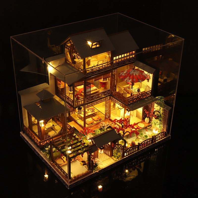 Mô hình nhà DIY Doll House Japanese Three - Layer Villa Kèm Mica Chống bụi, Bộ dụng cụ, Keo dán và Bộ phát nhạc