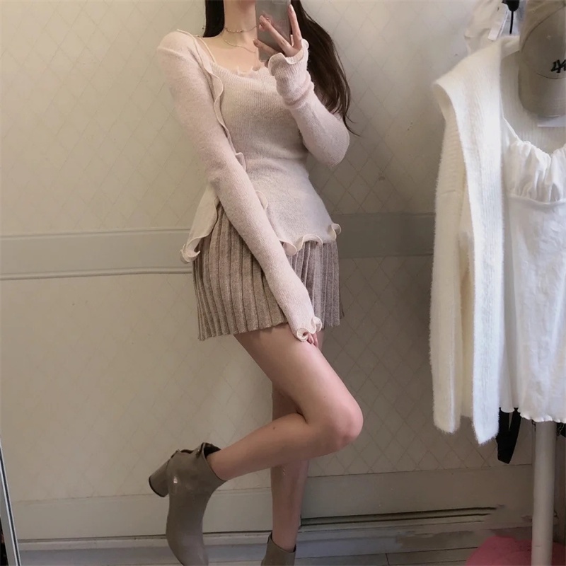 áo thun tay dài chất liệu lông ngựa và chân váy xếp ly cỡ nhỏ màu trơn ngọt ngào dành cho nữ