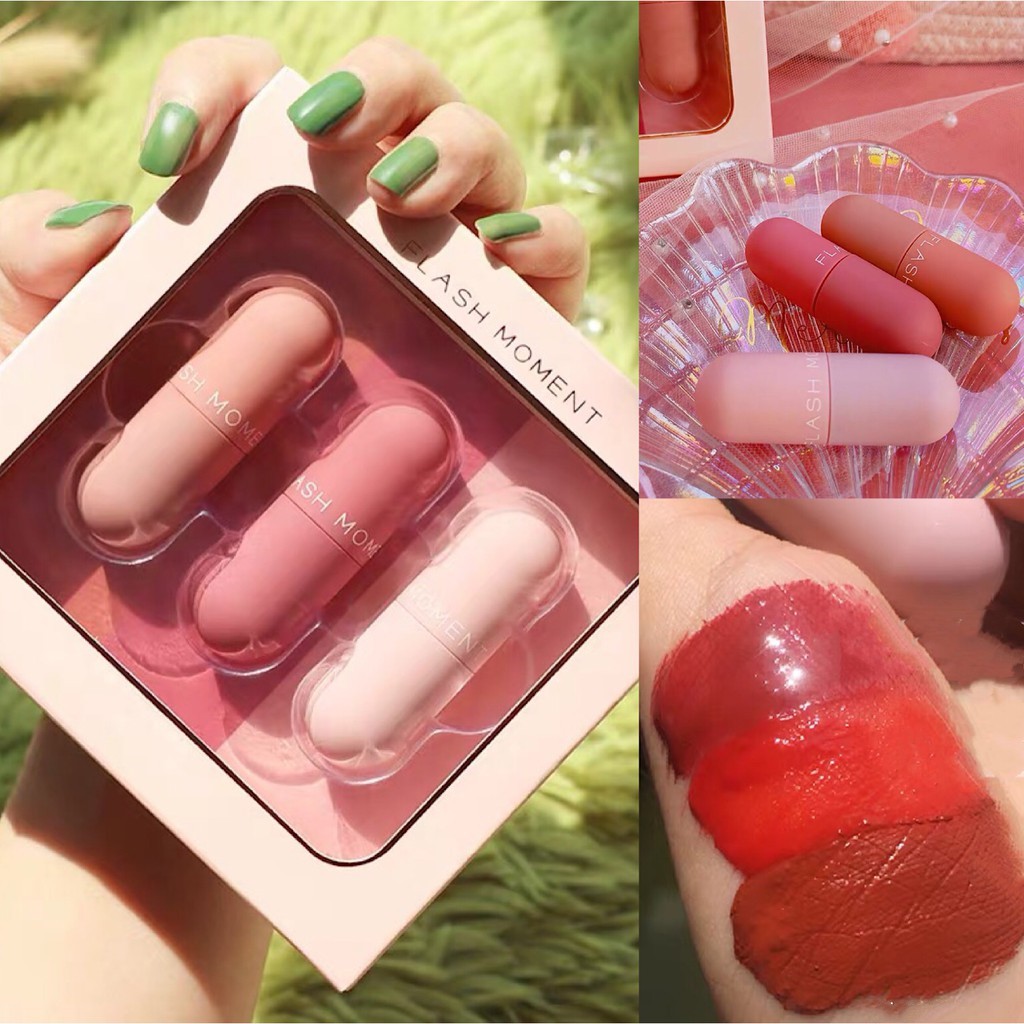 Bộ 3 son kem hình viên nén mini lâu trôi chống thấm nước