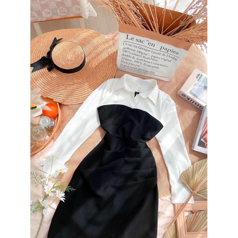 ĐẦM ĐEN NHÚN XẾP LI HÔNG LỆCH VẠT PHỐI CỔ SƠMI TRẮNG TAY DÀI KÈM ẢNH THẬT | BigBuy360 - bigbuy360.vn