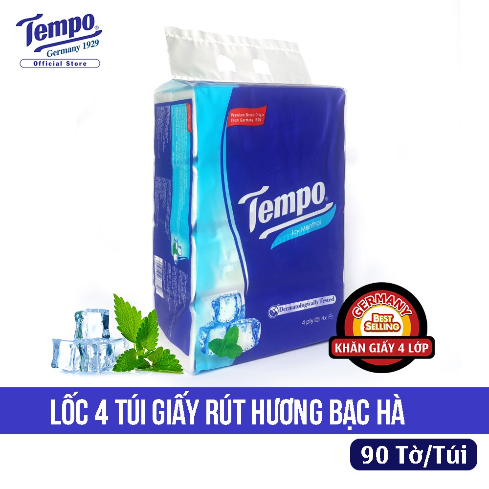 Khăn giấy gói rút 4 lớp Tempo hương Bạc Hà 90 tờ lốc 4 gói