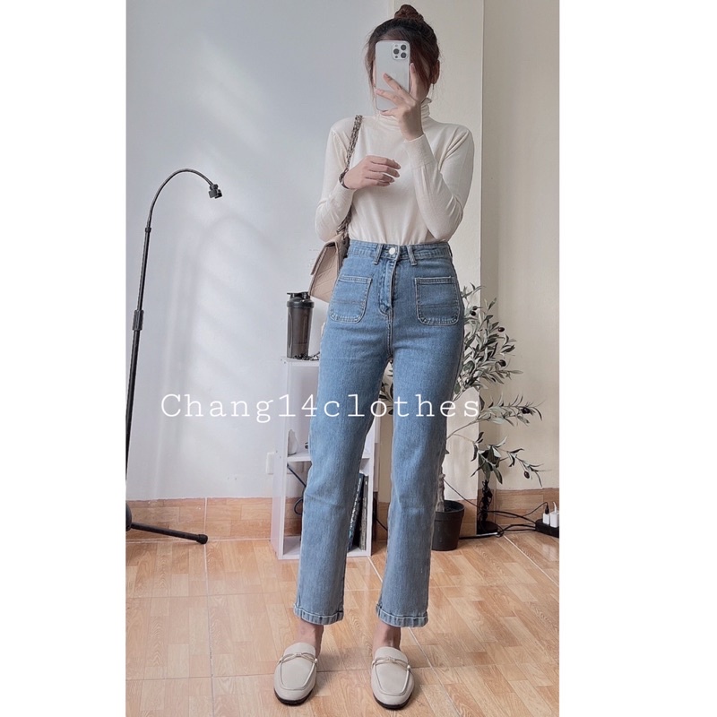 Quần bò nữ trơn jeans loe nhẹ dáng xuông co dãn nhẹ có túi phía trước