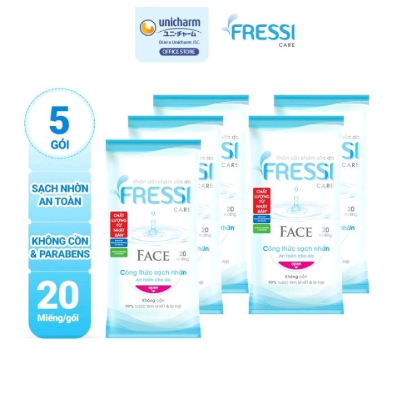 Combo 5 bịch khăn ướt Fressi Care Face 20 miếng chăm sóc da