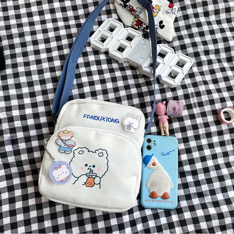 Túi chéo nữ mini vải canvas gấu thỏ trà sữa cute thời trang teen giá rẻ