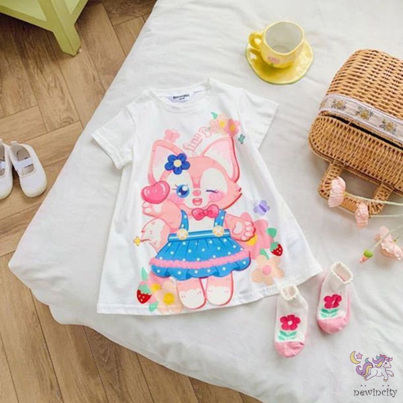 Đầm Cotton Tay Ngắn In Họa Tiết Hoạt Hình Phong Cách Hàn Quốc Thời Trang Mùa Hè Cho Bé Gái