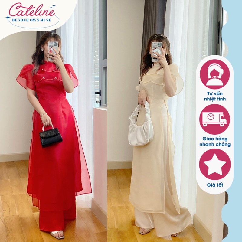 Áo dài cách tân nữ Cateline cúc ngọc sóng voan cao cấp 4 tà hai màu kem đỏ tiểu thư - ADCL01