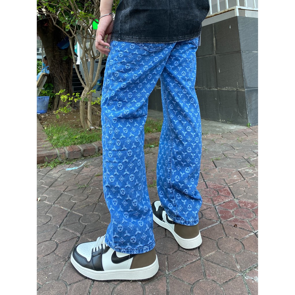Quần jeans nam cạp cao ống rộng bigsize MALTRIK in họa tiết LV phong cách Hàn Quốc Size lớn đến 90kg