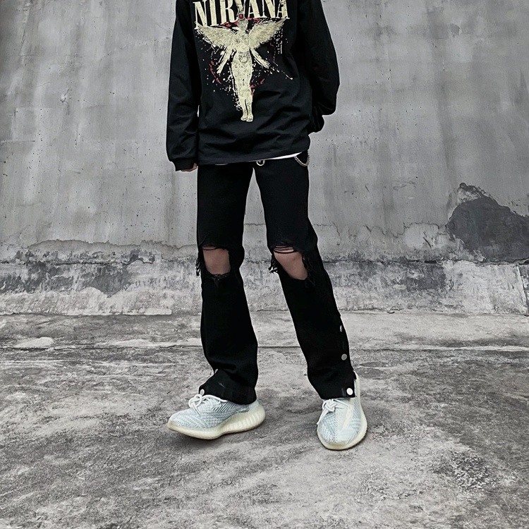 Quần jean dài dáng ôm xẻ tà phối rách phong cách retro đường phố cá tính dành cho nam