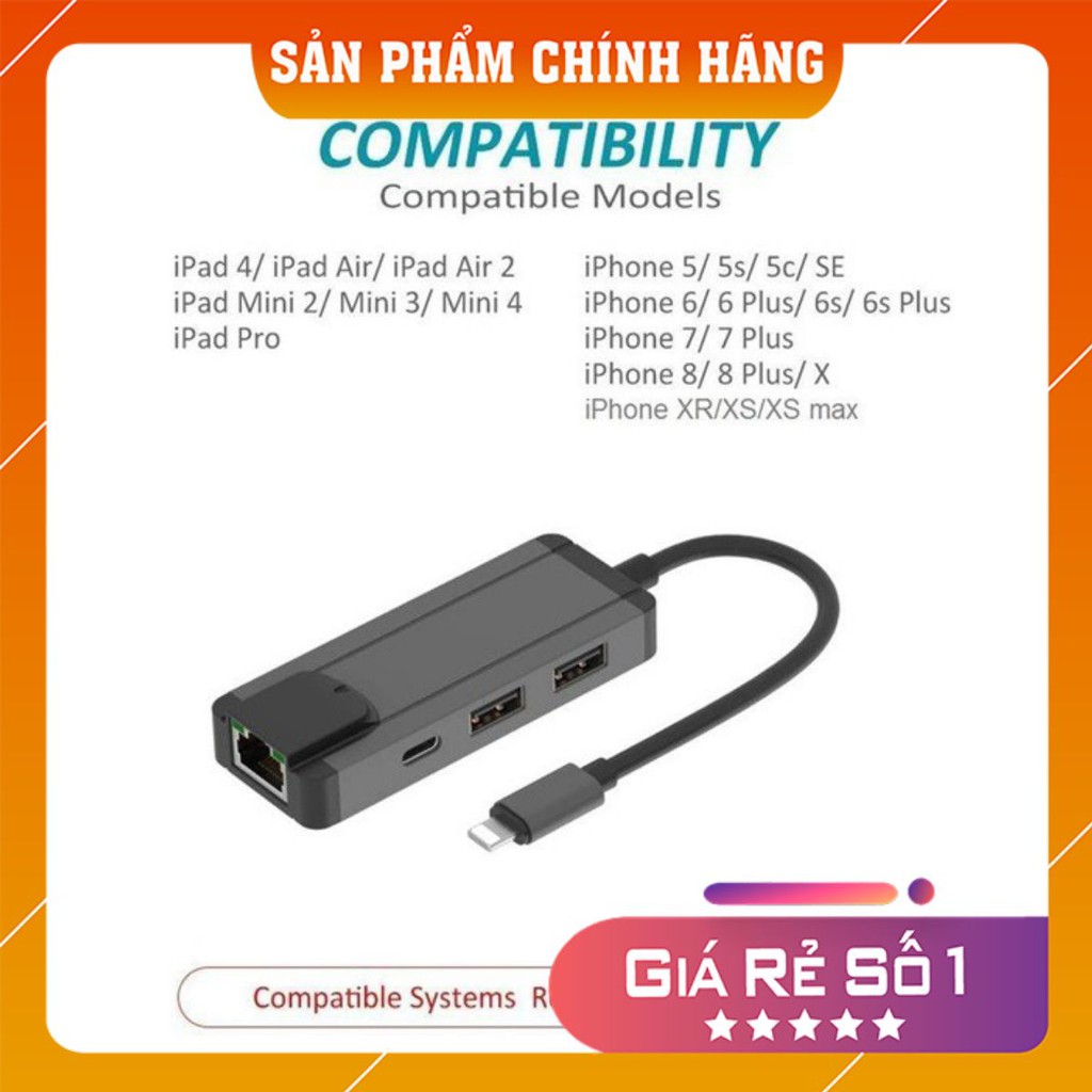 Cáp Lightning OTG to Lan, Hub USB dùng cho iPhone, iPad Onten 75002