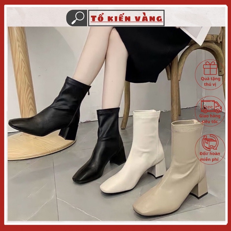 Giày bốt lửng nữ đế vuông, khoá sau, mũi vuông chất da mềm đi êm chân Tổ Kiến Vàng L0510