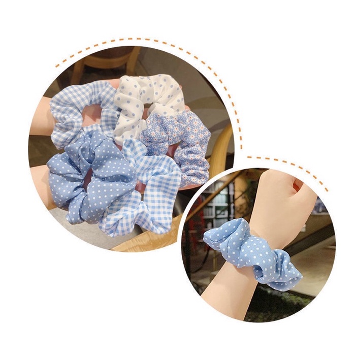 Dây buộc tóc scrunchies hoạ tiết nhí xanh dương vải mềm mại phong cách Hàn Quốc