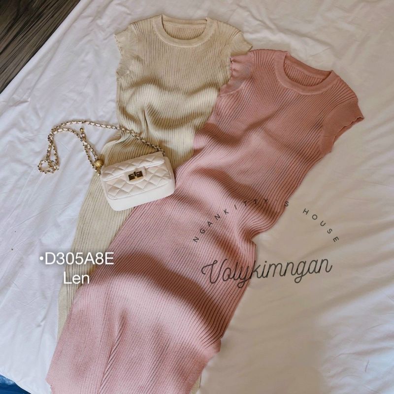 Đầm Dáng Dài Váy Len Ôm Body Xẻ Tà Cộc Tay Sang Chảnh Màu Hồng ,Kem