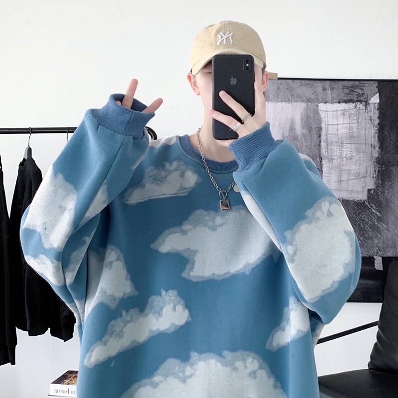 Áo Sweater Tay Dài Cổ Tròn In Họa Tiết Đám Mây Phong Cách Hồng Kông Thời Trang Thu Đông Mới Cho Nam