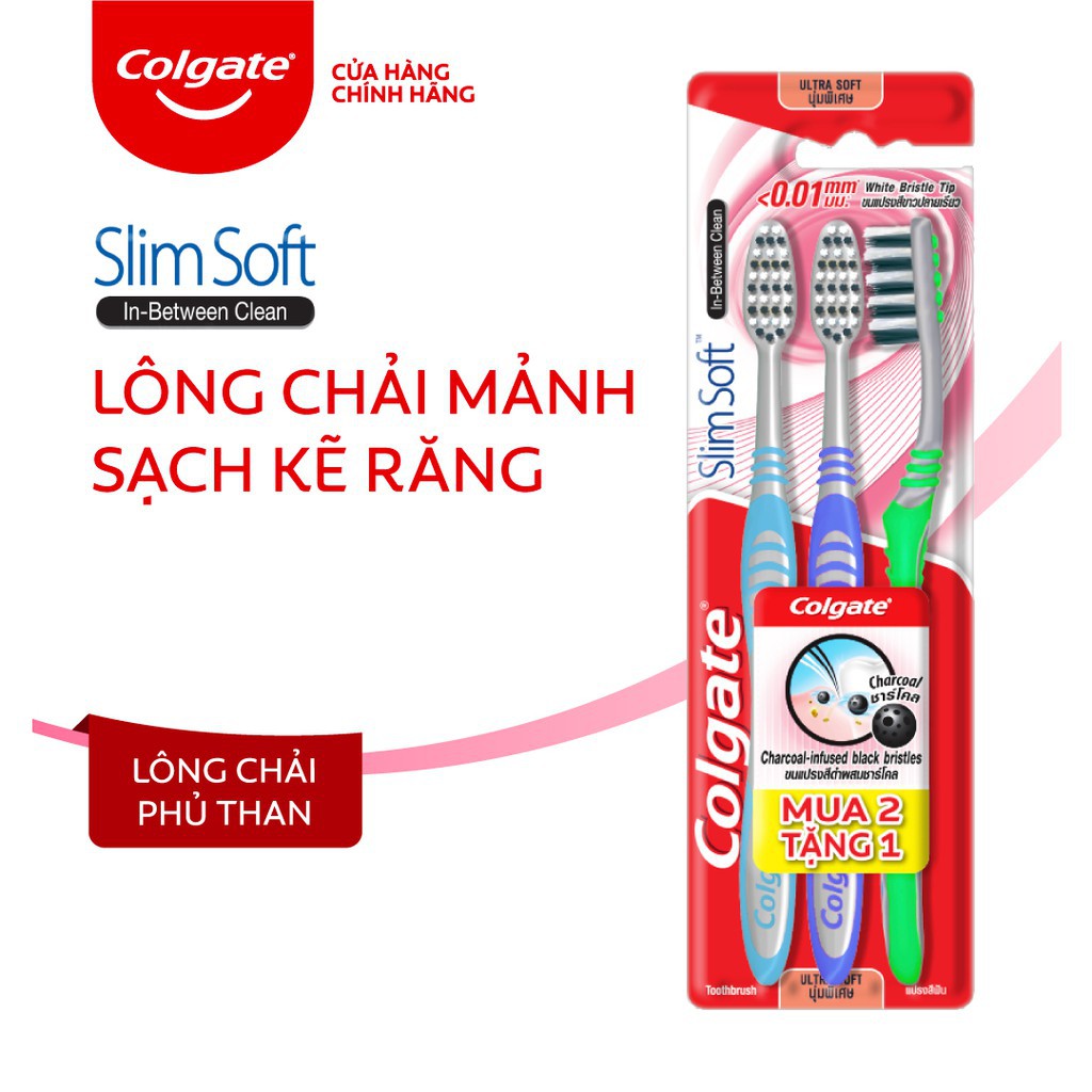 Bộ 9 Bàn chải Colgate Slimsoft Between Charcoal lông chải mềm mảnh than hoạt tính