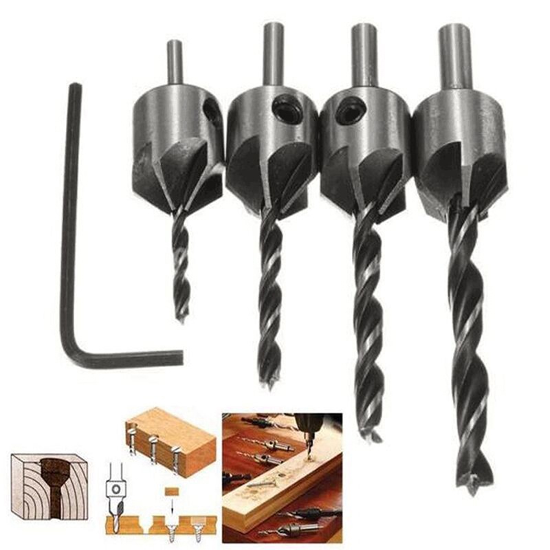 [IN*VN]4pcs HSS Countersink Wood Drill Steel Countersink Drill Set 5 Flute 3mm-6mm