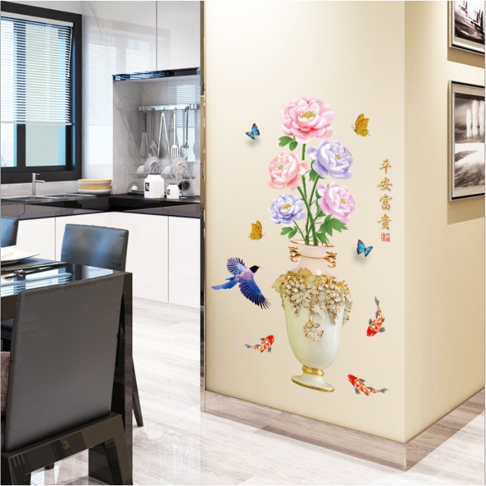 decal trang trí bình hoa cá chim bông sắc màu