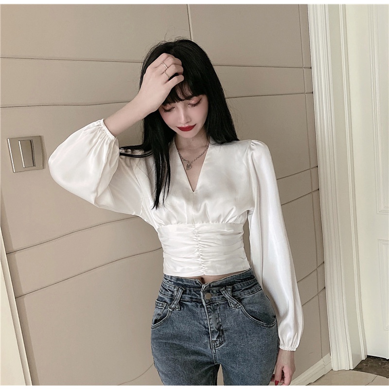 Áo Kiểu Tay Dài Cổ Chữ V Thời Trang Xinh Xắn Cho Nữ