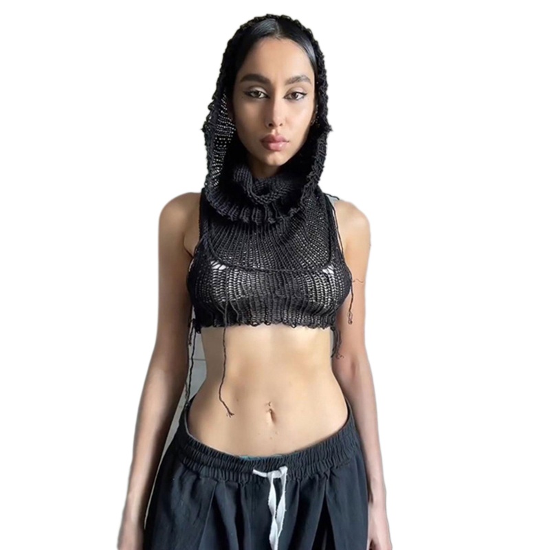 Áo Croptop Dệt Kim Sát Nách Có Mũ Trùm Kiểu Harajuku Đường Phố Cá Tính Cho Nữ