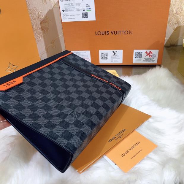 [Ảnh thật] VÍ clutch cầm tay doanh nhân LV SUPER VIP ‼️ fullbox , túi vải , card LOUIS VUITTON viền cam ô đen