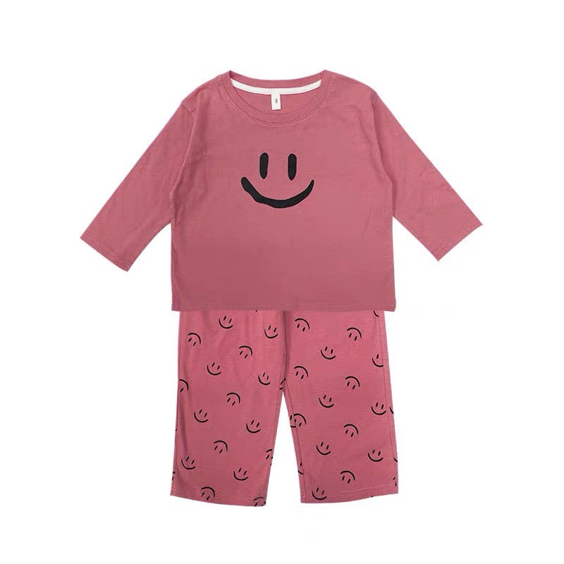Bộ quần áo thun lạnh dài tay cho bé FUHA, bộ đồ họa tiết hình mặt cười đáng yêu cho bé trai và bé gái