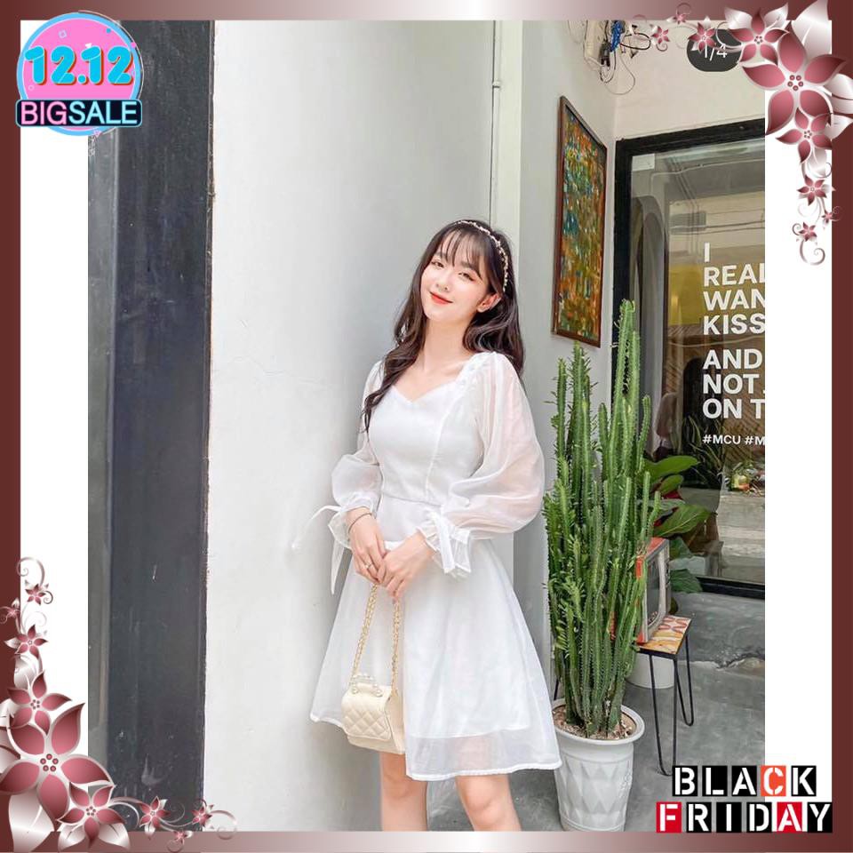 Đầm trắng dáng xòe cổ vuông phối nút bọc tay nơ [KÈM ẢNH THẬT] | BigBuy360 - bigbuy360.vn