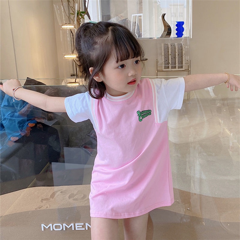 Đầm Thun Cotton Ngắn Tay Hai Lớp Mùa Hè Mới Phong Cách Hàn Quốc Cho Bé Gái