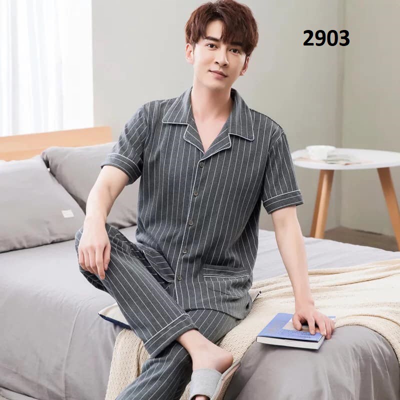 NG2910 Bộ pyjama nam ngắn tay sọc caro vải cotton mềm mại cao cấp hàng nhập - Thời Trang Dương