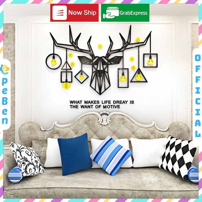 Tranh dán tường mica 3d decor khổ lớn đầu tuần lộc có sừng trang trí phòng khách, phòng ngủ Nhiều Size - EPeBen
