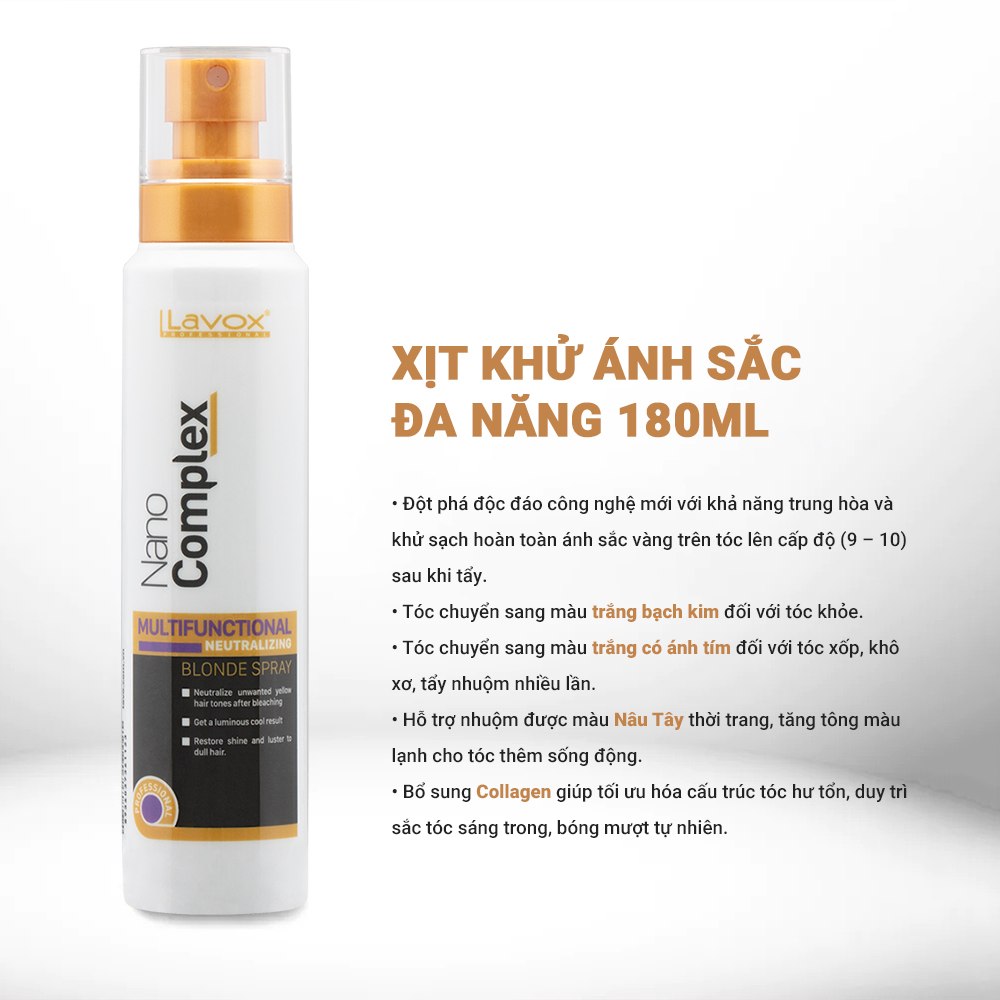 Gội khử vàng đa năng dạng xịt Lavox Nano Complex 180ml, khử ánh vàng cho tóc tẩy trắng, bạch kim - Pretty Valley Store