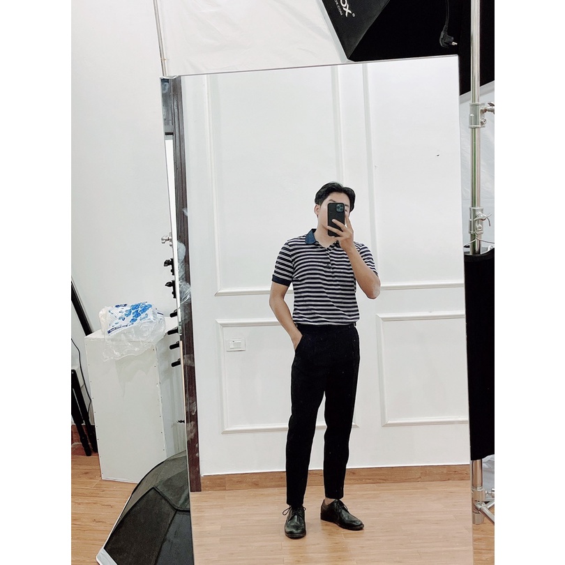 Áo polo nam chất liệu cotton 100%, áo thun nam cổ bẻ hoạ tiết kẻ ngang, mềm mát, thấm hút mồ hôi