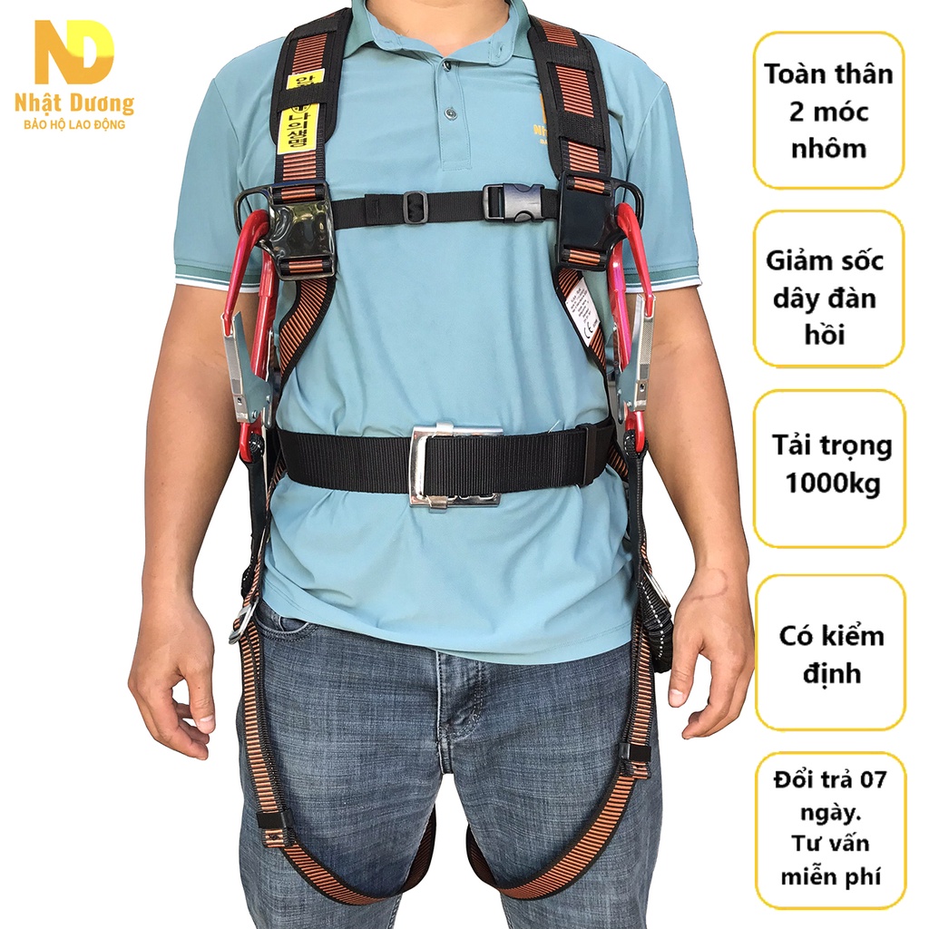 Dây an toàn lao động toàn thân cao cấp 2 móc nhôm thun đàn hồi HP-HB55G khóa gài, dây bảo hộ lao động