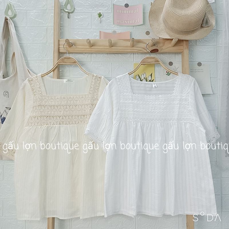 Áo babydoll ren ngực cổ vuông cộc tay vintage ảnh thật