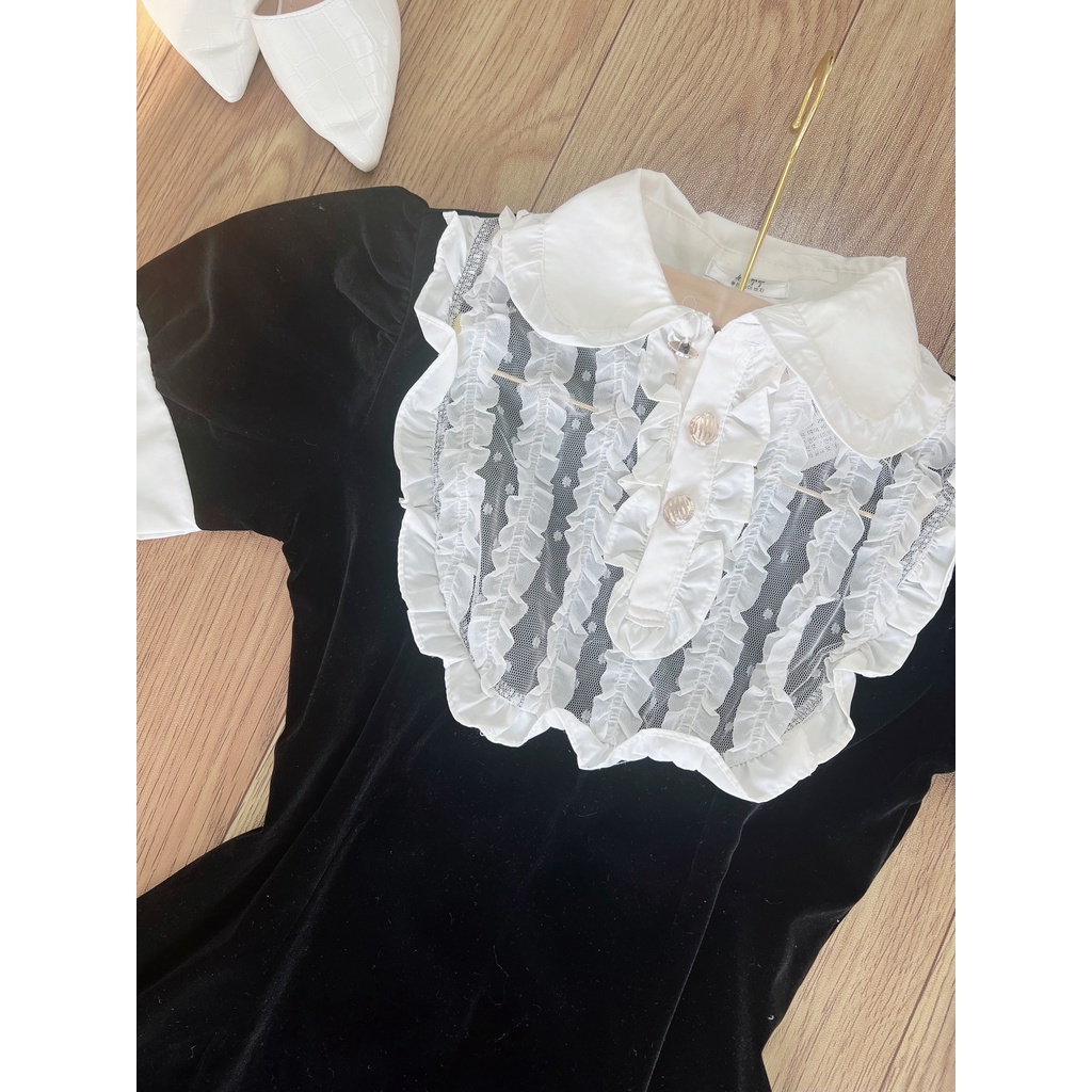 Váy nhung tiểu thư cổ sơ mi bánh bèo đầm dự tiệc thiết kế HT267